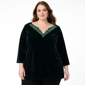Bob Mackie Tunic Blouse Womens 3X Green Velvet Sequin V Neck 3/4 Sleeve Plus